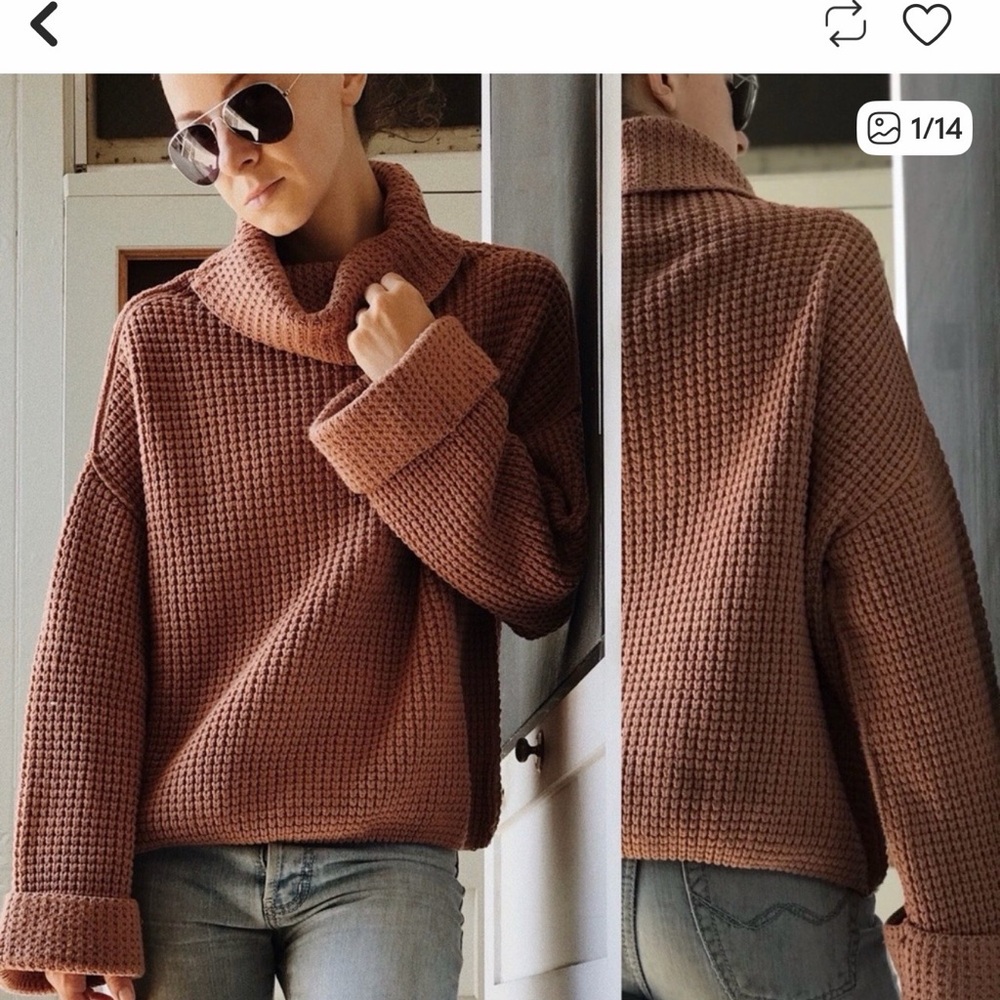 Free People Cozy Oversized Waffle Knit Turtleneck Sweater - Dusty Rose